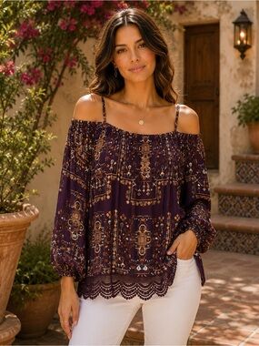 Knox Rose M Boho Peasant Blouse Purple Medallion Print Crochet Hem A15